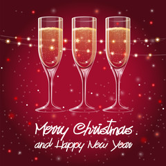 Merry Christmas and Happy New Year greeting cards with three champagne glasses and Christmas decorations, vector illustration
