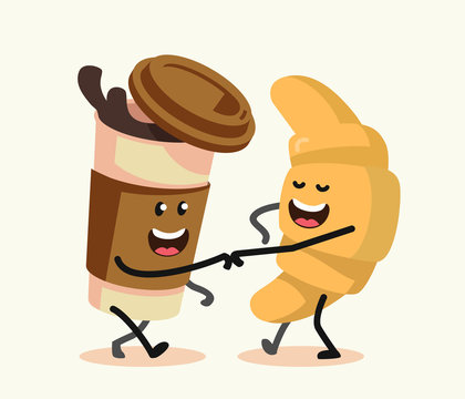 Funny cartoon characters coffee and croissant.
