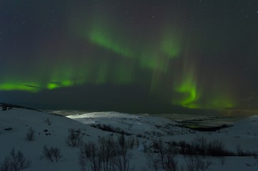 Night,winter, landscape, hills,tundra, and in the sky the stars, Aurora.