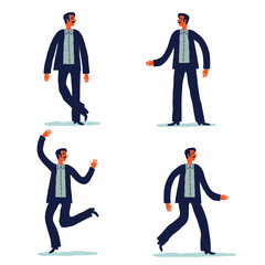 Set of businessman character with different poses. Employee running, jumping, standing,  dancing, presenting. Cartoon vector illustration. - 178370731
