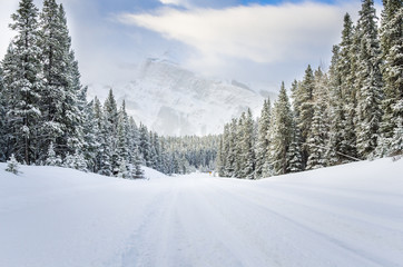 Snow Covered Road in a Forested Mountain Landscape in Winter. Dangerous Driving Conditions.