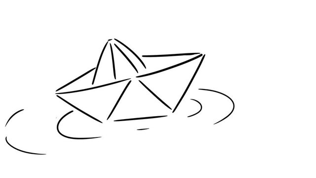 Cartoon paper boat floating in some water. Hand drawn animation.
