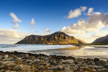 beautiful view of beach with blue sky, Lofoten, Norway