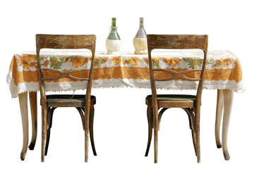 isolated old table with chairs on white background