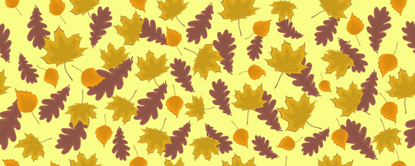 Seamless pattern with autumn leaves on a yellow background. Border. It can be used for packing of gifts, tiles fabrics backgrounds. Sample for the websites. Vector illustration.