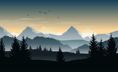 Fotobehang Vectorlandschap met silhouetten van bomen, heuvels en mistige bergen en ochtend- of avondlucht © Kateina
