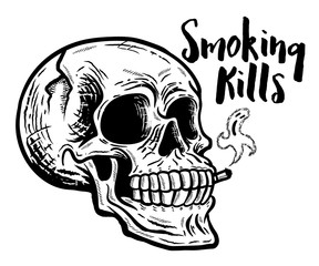 Smoking Kills. Retro skull vector illustration in black and white.