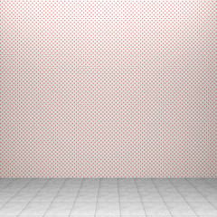 3d interior rendering of red dotted decorated wallpaper and tiled floor