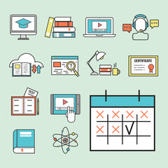 Flat design icons online education staff training book store distant learning knowledge vector illustration