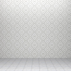 3d interior rendering of gray diamond decorated wallpaper and tiled floor 2460