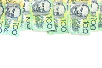 group of 100 dollar Australian notes on white background have copy space for put text