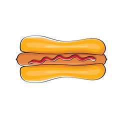 vector cartoon hotdog icon with sausage isolated on white background. Vintage hot dog label design element.