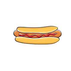 vector cartoon hotdog icon with sausage isolated on white background. Vintage hot dog label design element.