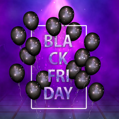 Black Friday, Sale. Text and black balls against the backdrop of the purple rays of the searchlight. Vector