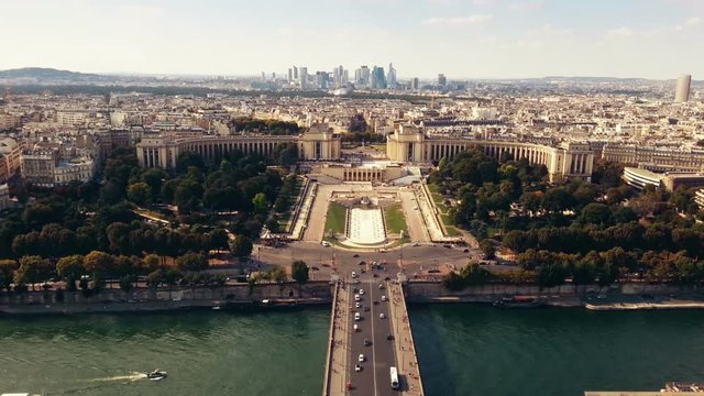 View from Eiffel tower on Paris, river Seine and business district La Defense