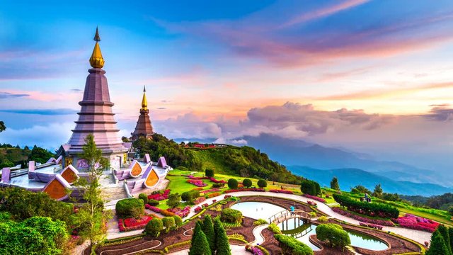 The best of landscape in Chiang mai. Pagodas Noppamethanedol & Noppapol Phumsiri at sunset in Inthanon mountain, Thailand. Time lapse 4K.