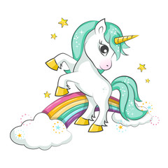 Cute magical unicorn and raibow. Vector design isolated on white background. Print for t-shirt or sticker. Romantic hand drawing illustration for children. - 178384193