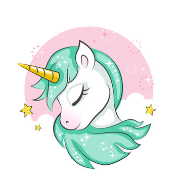 Fototapeta Cute magical unicorn is dreaming. Vector design isolated on white background. Print for t-shirt or sticker. Romantic hand drawing illustration for children.