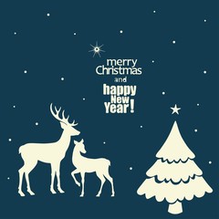Christmas greeting card with deers on blue background