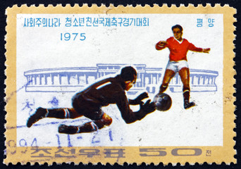 Postage stamp North Korea 1975 soccer players in action