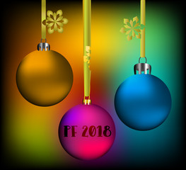 Vector greeting card with inscription pf 2018 and a few colored christmas globes
