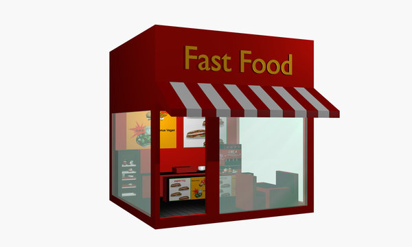 Fast Food Imbiss aus rechter seitlicher Ansicht auf weiß isoliert
