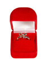 gold ring in open red box  on  white background 