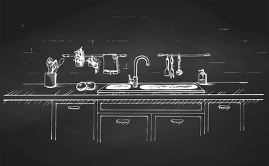 Kitchen sink. Kitchen worktop with sink and drawn on a chalkboard.. The sketch of the kitchen - 178385958