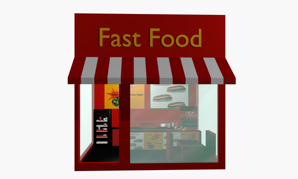 Fast Food Restaurant in Vorderansicht auf weiß isoliert