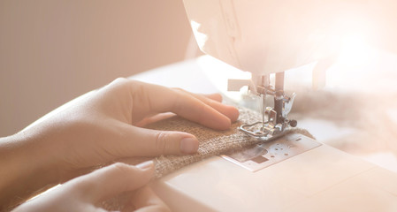 Tailoring Sewing Process Female Hands Burlap Fabric