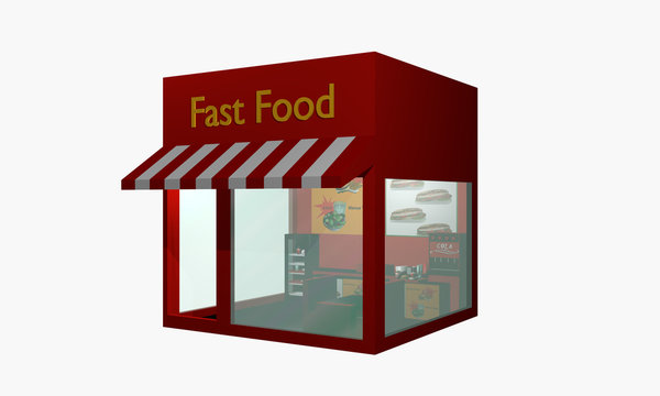 Fast Food Imbiss aus linker seitlicher Ansicht auf weiß isoliert
