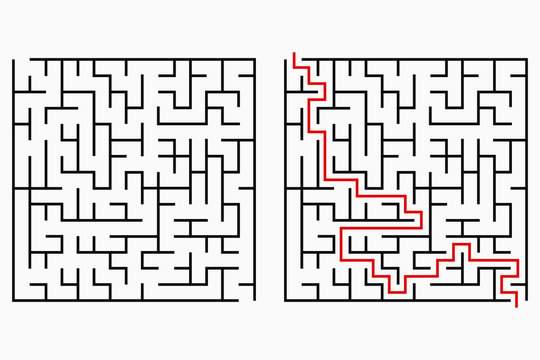 Maze, geometric labyrinth with entry and exit. Vector illustration.