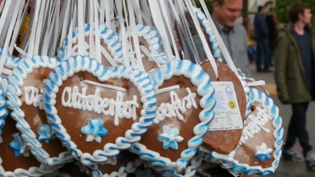 Beautifully decorated with colorful glaze gingerbread at the Oktoberfest, the world-famous beer festival in Bavaria, in Munich, Germany
