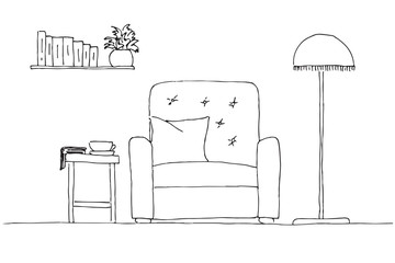 Fototapeta premium Linear sketch of an interior. Room plan. Vector illustration.