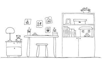Workplace for the child. Children's room. Hand drawn vector illustration.