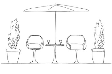 Two armchairs and a table. Large folding umbrella. Hand drawn vector illustration - obrazy, fototapety, plakaty