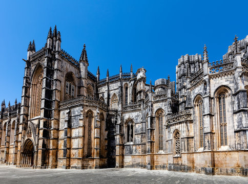 Medieval Batalha Monastery in Batalha, Portugal, a prime example of Portuguese Gothic architecture, UNESCO World Heritage site, started in 1386 but never actually completed.