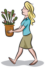 Woman Carrying a Potted Plant
