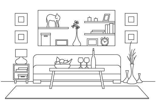 Linear sketch of interior. Table with glasses and bottle in front of the sofa. Vector illustration