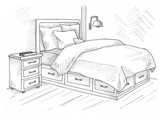 Hand drawn sketch. Linear sketch of an interior. Sketch Line bedrooms.