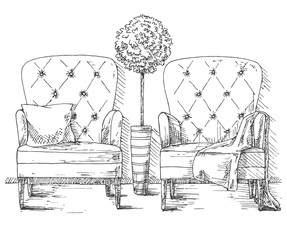 Hand drawn two large soft armchairs. Plant in a tall pot. On one armchair is a plaid, on the second pillow.