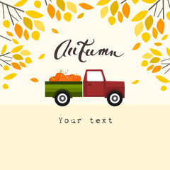 Pick up car with pumpkins, vector illustration, greeting card