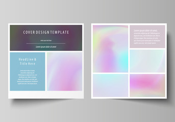 Business templates for square design brochure, flyer. Leaflet cover, abstract vector layout. Hologram, background in pastel colors with holographic effect. Blurred colorful pattern, surreal texture.