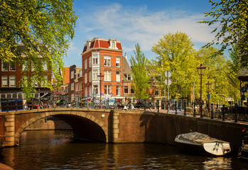 view of canal ring in Amsterdam, Netherland, retro toned