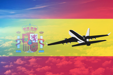 Flight to Spain flag with the silhouette of aircraft for tourism and sale of tickets illustration