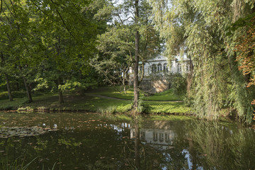 Fototapeta na wymiar Water reflection of the park's palace