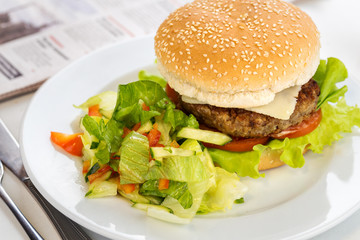 Delicious grilled beef burger on a plate