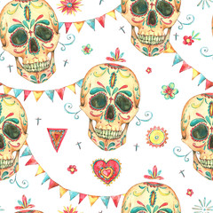 Watercolor seamless pattern with skull and sugar face