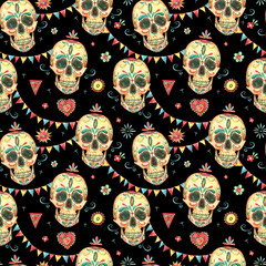 Watercolor seamless pattern with skull and sugar face