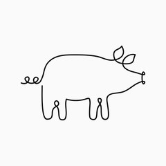 Pig one line drawing. Continuous line swine animal. Hand-drawn illustration for logo, emblem and design card, poster. Vector.